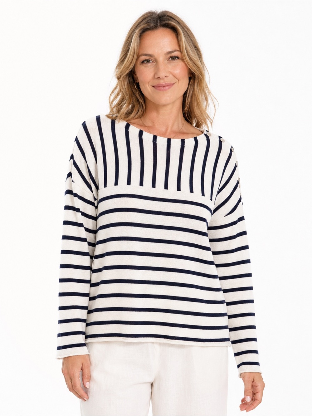 Eileen Fisher Striped Bateau‎ Neck Box Top Organic Linen Cotton Size L coastal